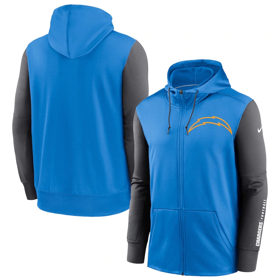 NFL Nike Los Angeles Chargers Powder Blue Charcoal Fan Gear Mascot Performance FullZip Hoodie->utah jazz->NBA Jersey